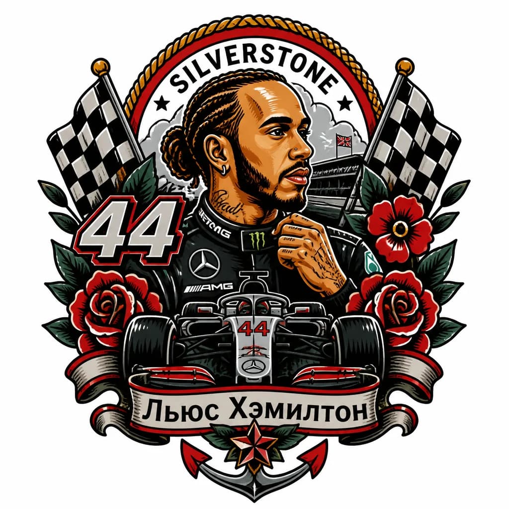 Тату эскиз: Формула 1, Сильверстоун, №44, подпись Льюс Хэмилтон. В цветах трёх команд, за которые выступал британец: Серебряный с красным, темно-серый, алый. Без изображения самого гонщика