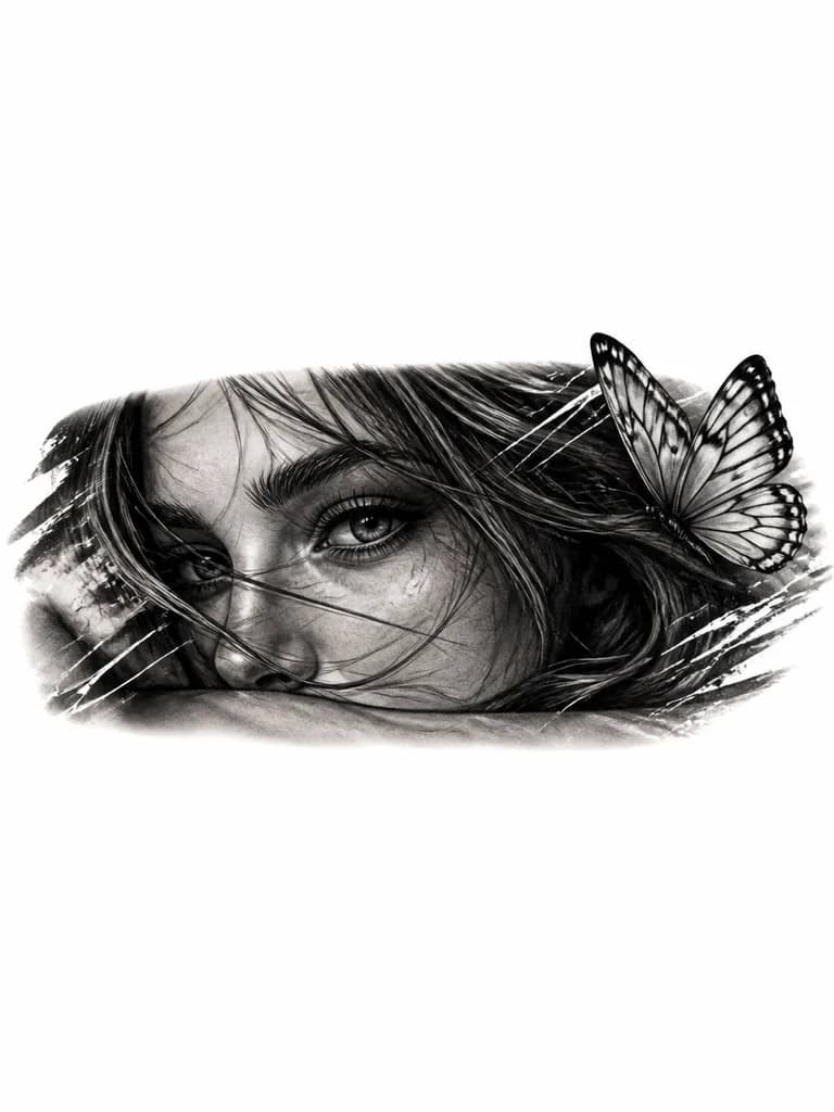 Тату эскиз: Лицо девушки на предплечье, сверху бабочка. Черно белая татуировка. Присутствуют белые динамичные линии но не много.
Эскиз на предплечье 