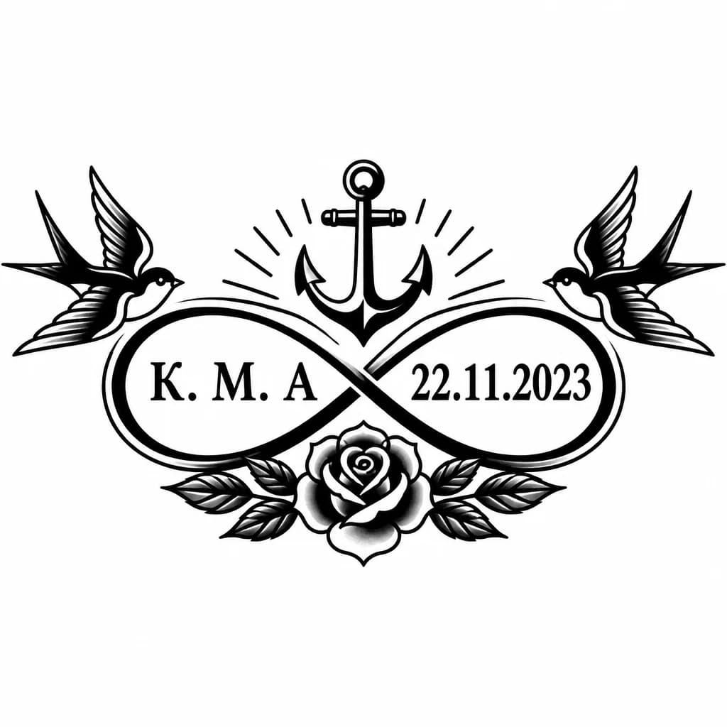 Тату эскиз: Знак бесконечности, с буквами К. М. А и дата рождения 22.11.2023