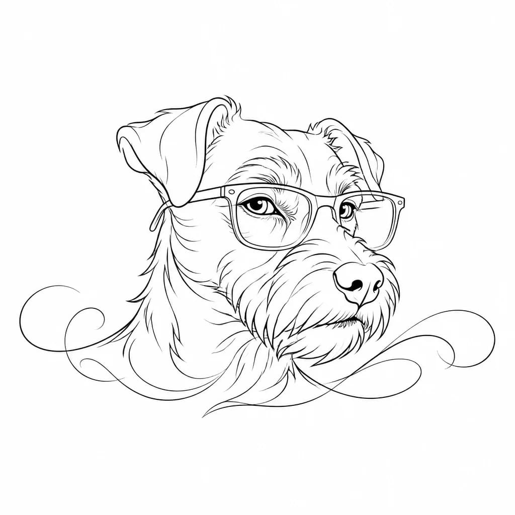 Тату эскиз: Minimalist fine line tattoo design of a Jagdterrier dog head, three-quarter turn, 3/4 view. The dog is wearing rectangular clear translucent glasses and has a bold, confident, sassy expression. Ultra clean black lines, simple linework style, no shading, no gradients. Isolated on a solid plain white background, flash art.