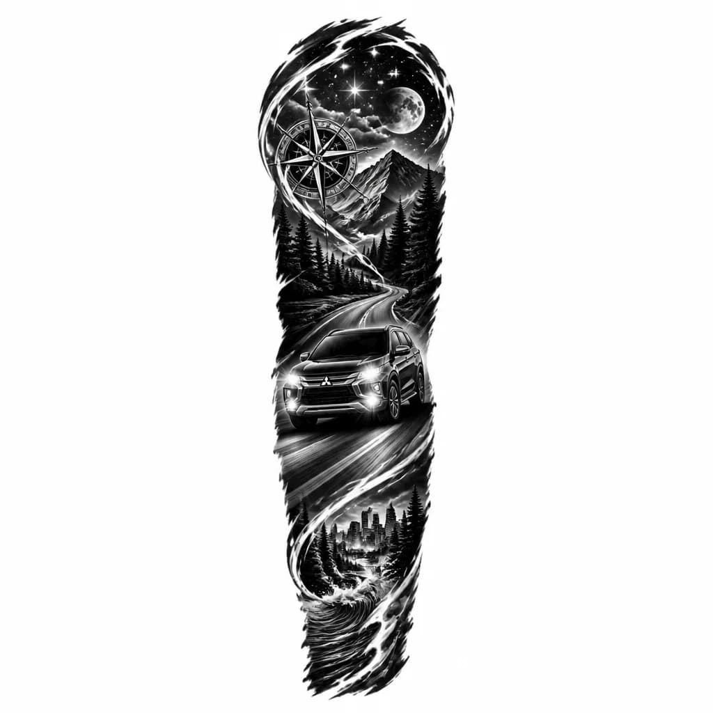 Тату эскиз: Mitsubishi Outlander car silhouette driving on a road at night with bright headlights cutting through darkness, dynamic motion lines, starry sky above, black and white monochrome ink style, tattoo flash sheet illustration, white background, high contrast, clean lines