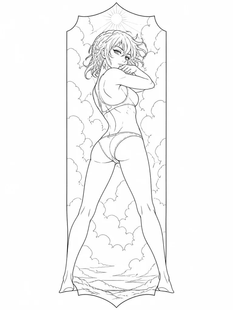 Тату эскиз: monochrome, black and white, anime style, line art, a woman with short wavy messy hair viewed from behind, turning her head to look back over her shoulder at the camera, sensual pose, wearing an ultra-revealing minimalist black slingshot swimsuit, micro bikini, voluptuous figure, defined back muscles, wide hips, prominent buttocks, hands resting on upper thighs, low angle shot, background of a bright sunny sky with soft clouds, clean linework, detailed shading, pixiv aesthetic, tatsumaki
