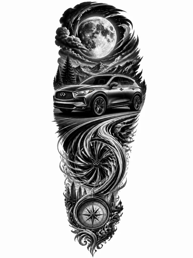 Тату эскиз: A sleek Infiniti QX50 SUV in dynamic motion profile view, full moon glowing behind it, night sky atmosphere, black and white monochrome ink style, minimalist lines, detailed wheel and headlight features, tattoo flash sheet illustration, white background, high contrast, clean lines