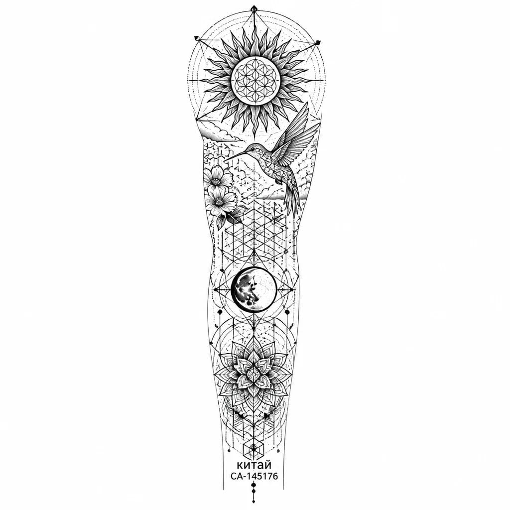 Тату эскиз: Колибри,мандала,солнце,луна,надпись китай СА-145176