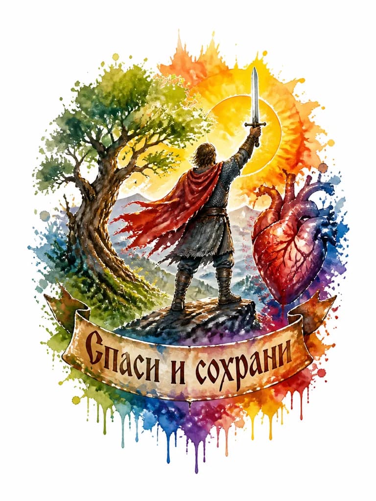 Тату эскиз: Воин победитель, солнце, дерево, сердце