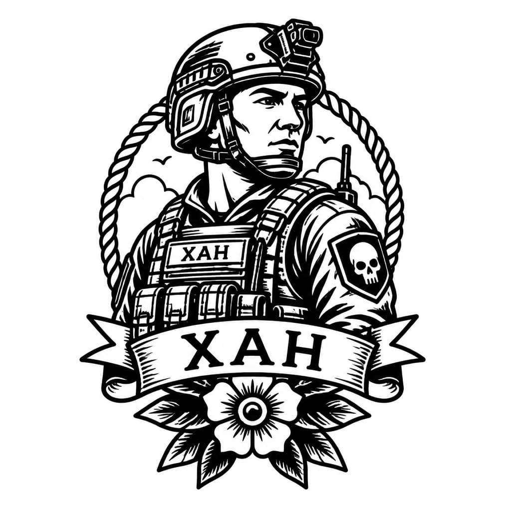 Тату эскиз: тату соладата с позывным хан 