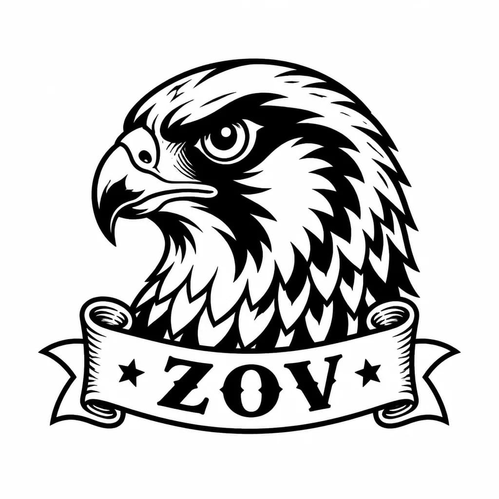Тату эскиз: тату с головой кречет с надписью ZOV
