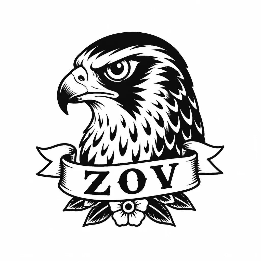 Тату эскиз: тату с головой кречет с надписью ZOV большими буквами 
