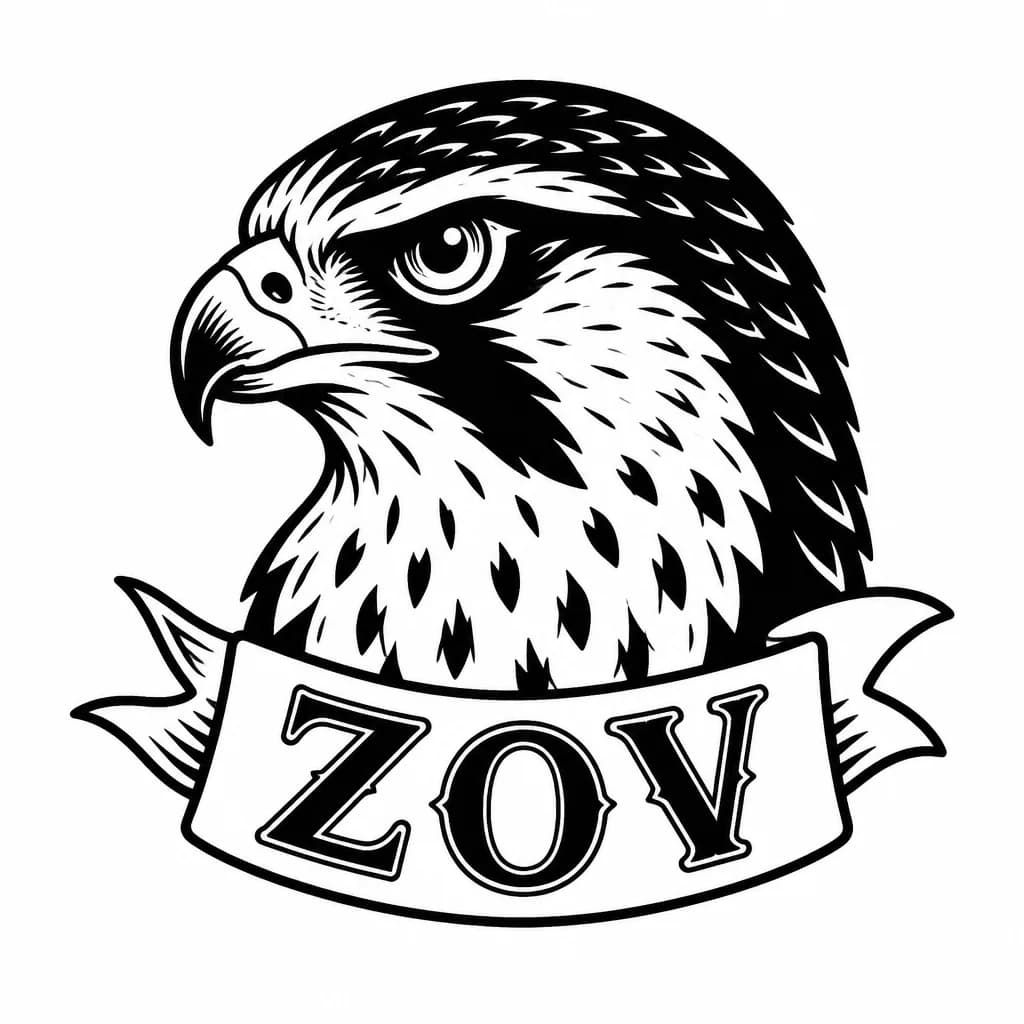 Тату эскиз: тату с головой кречет с надписью ZOV большими буквами 
