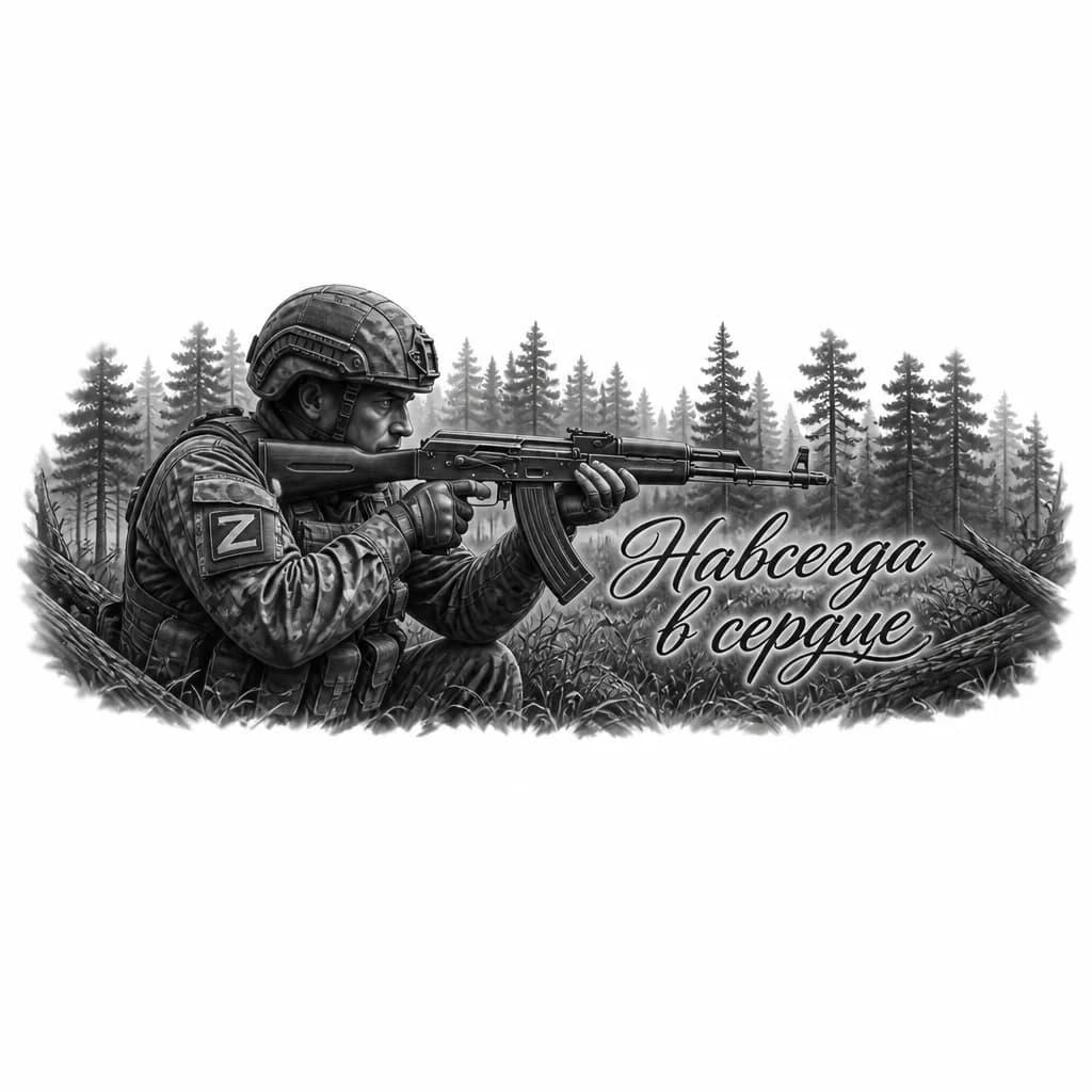 Тату эскиз: Мужчина военный. Одет в военный камуфляж, на голове каска военного, в руках автомат Калашникова, сзади лес-деревья, под ногами трава