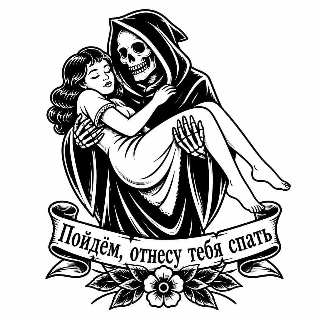 Тату эскиз: Смерть держит девушку на руках. Снизу рисунка подпись :" Пойдём, отнесу тебя спать "