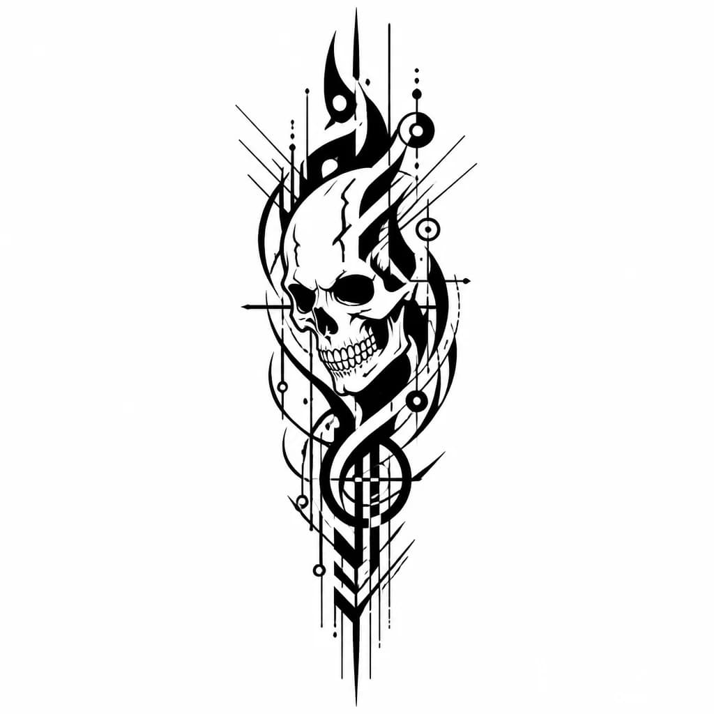 Тату эскиз: Abstract blackwork tattoo design, vertical layout for forearm, solid black morphing shapes with geometric patterns, fine lines coming out of dark areas, neo-tribal and cyber-goth aesthetic, high contrast, perfect for cover-up.