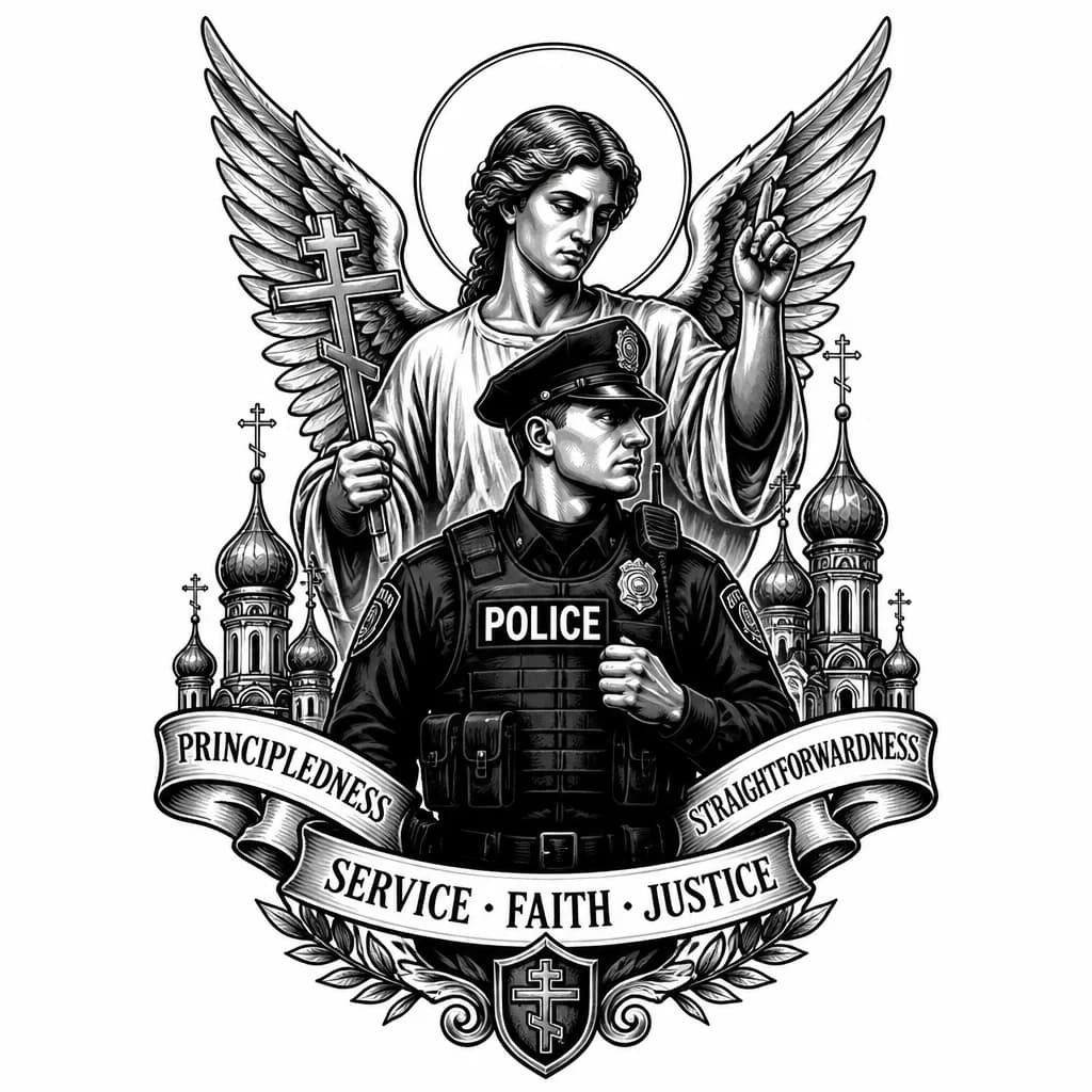 Тату эскиз: полиция, принципиальность, прямолинейность, православие, бог, ангел