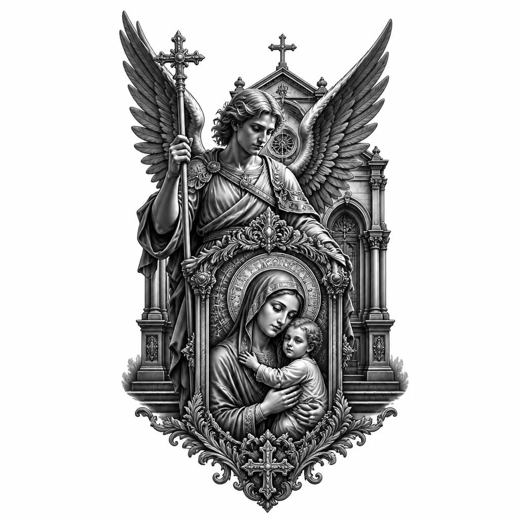 Тату эскиз: Ангел-хранитель на спине а рядом у него икона с матерью и ребёнком  в низу церкев 


