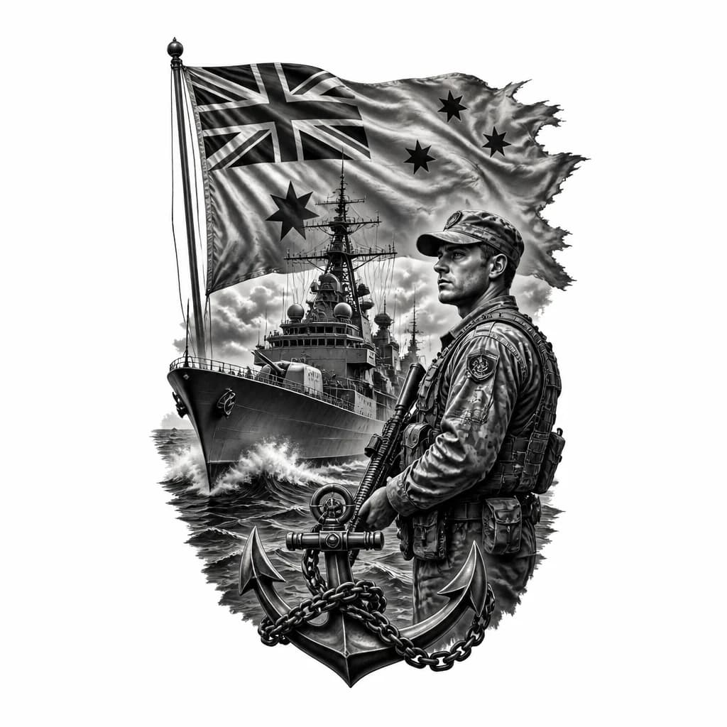 Тату эскиз: Море, корабль , солдат, флаг морфлот
