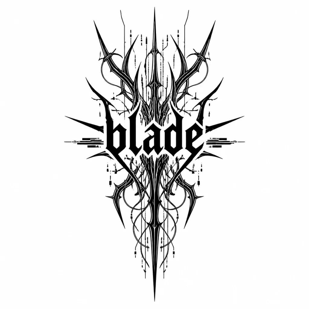 Тату эскиз: текст "blade" в стиле неотрайбл в черном цвете на белом фоне