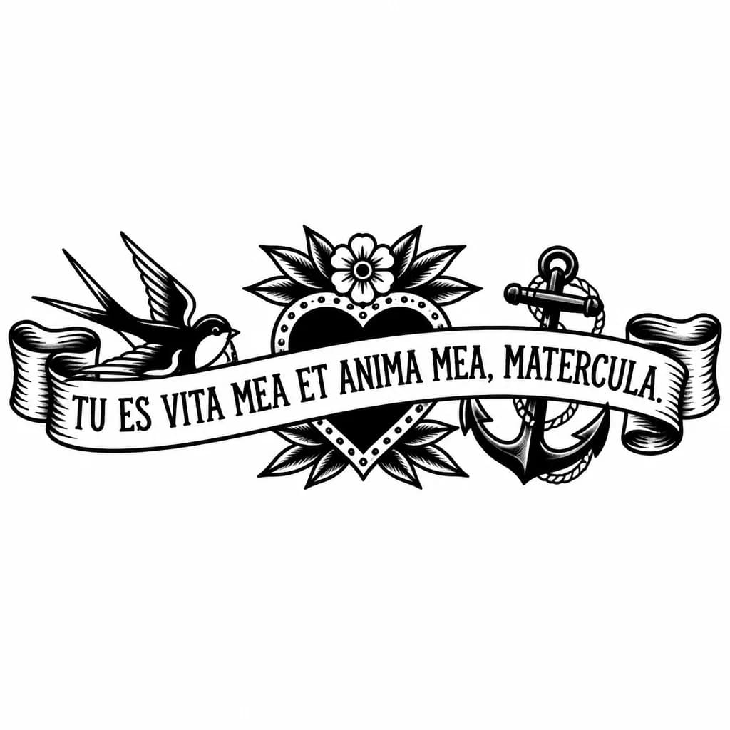 Тату эскиз: Просто текст :Tu es vita mea et anima mea, matercula.