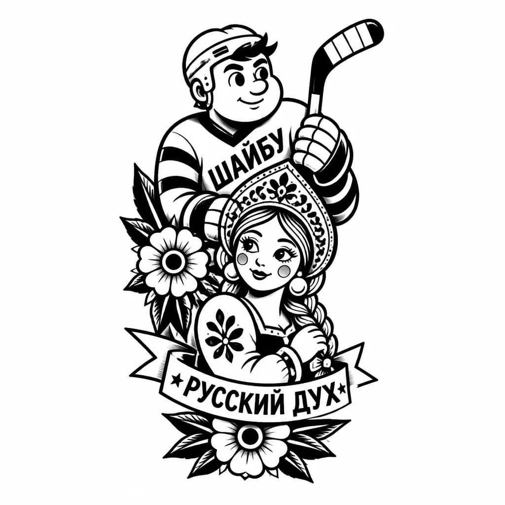 Тату эскиз: хокеист из мультфильма "шайбу" и девушка в кокошнике