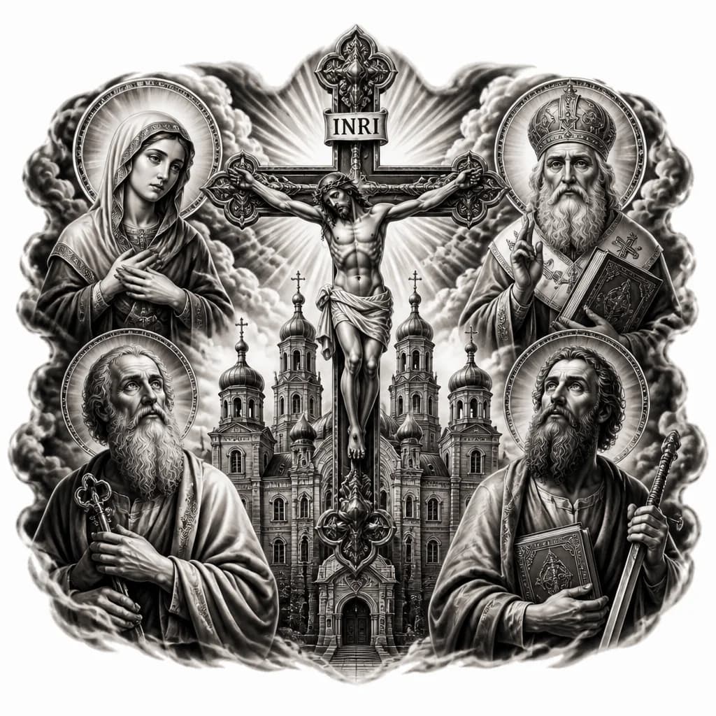 Тату эскиз: Церковная татуировка с крестом и святыми 