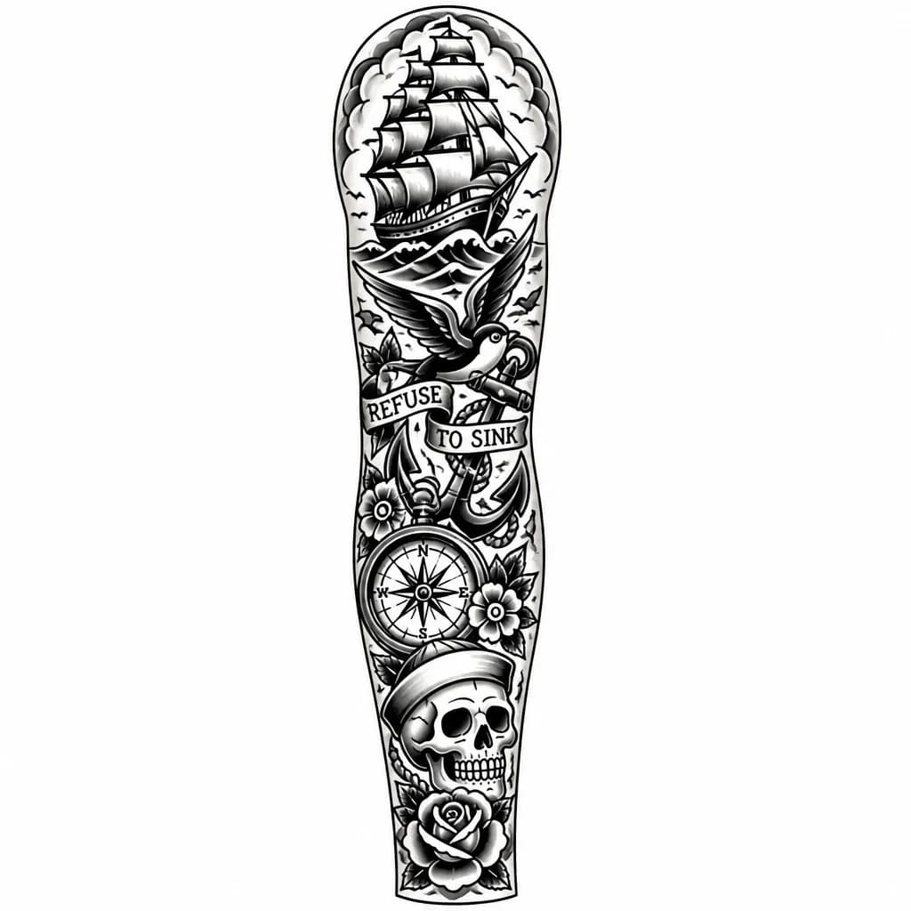 Тату эскиз:  Полность рукав в стиле Олд скул