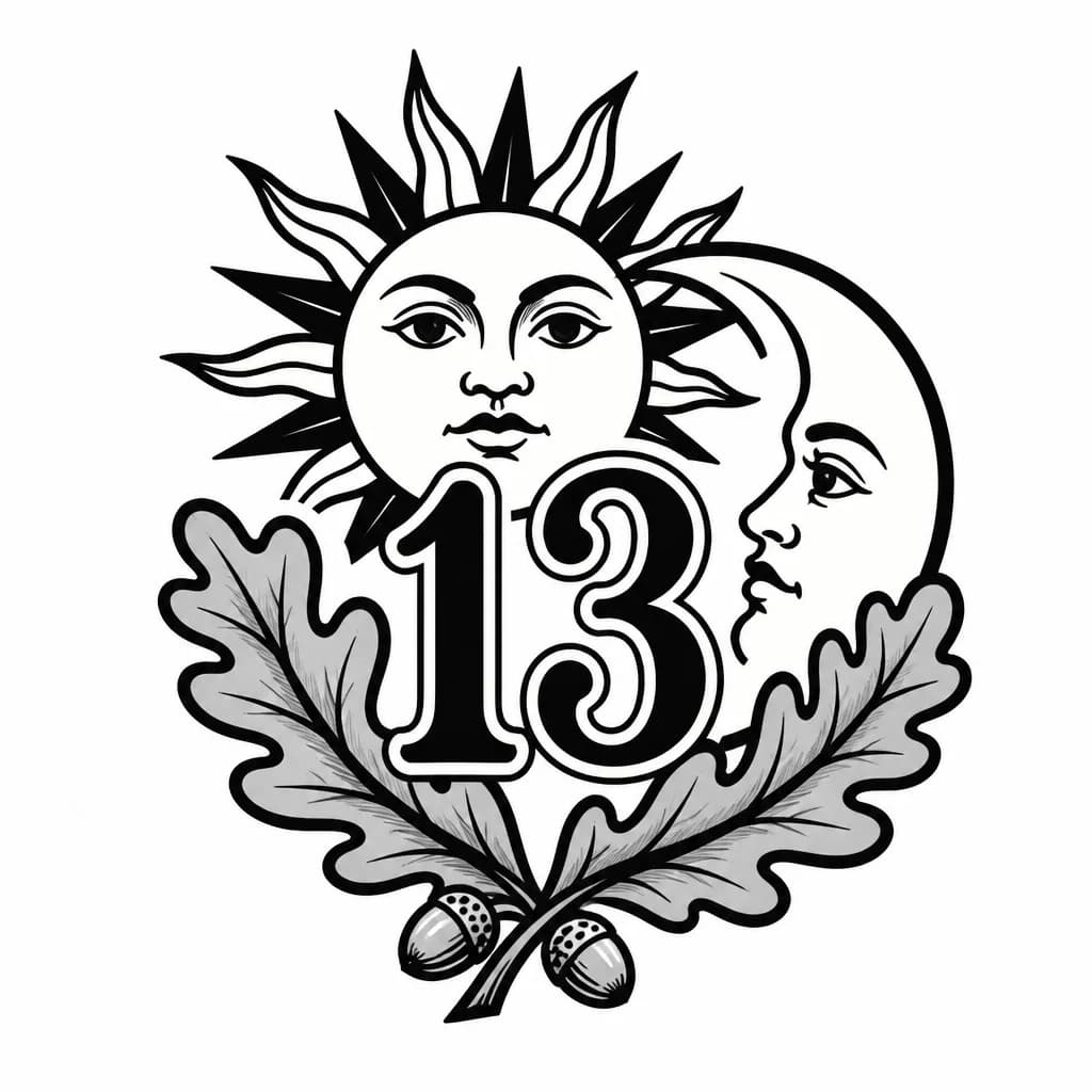 Тату эскиз: Солнце , луна , дубовый лист , цифра 13 