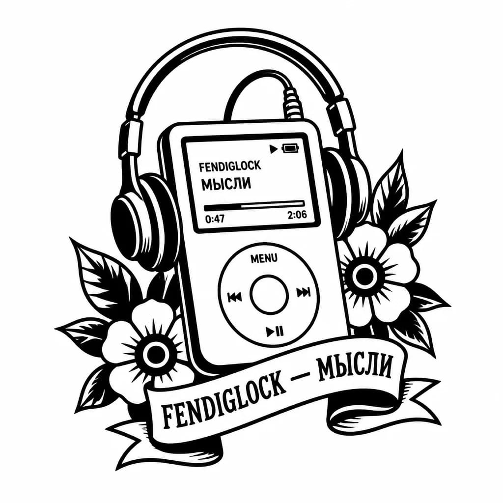 Тату эскиз: Плеер с наушниками на нем играет fendiglock-мысли