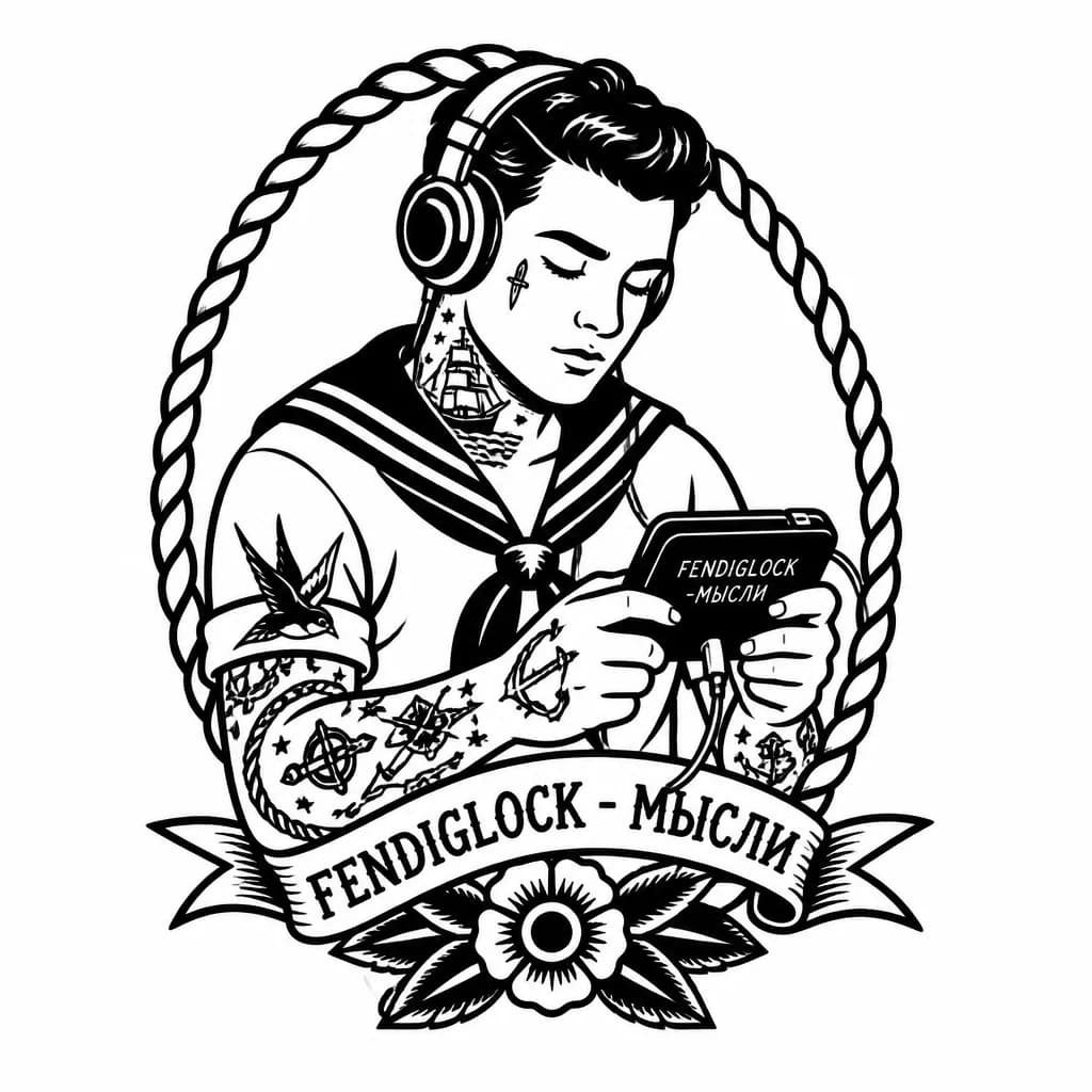 Тату эскиз: Плеер с наушниками на нем играет fendiglock-мысли