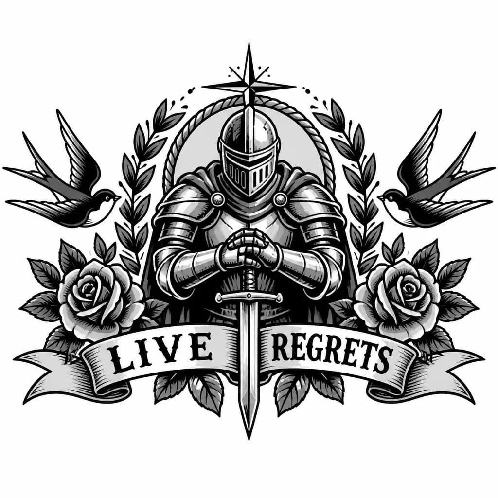 Тату эскиз: Рыцарь с опущенным мечом с фразой Live without regrets 