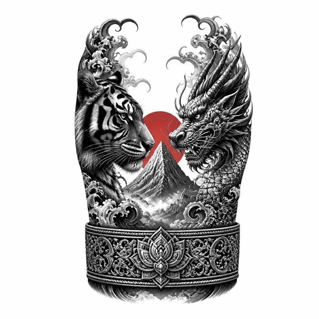Тату эскиз: широкий браслет  ниже локтя, голова тигра и голова дракона в профиль смотрят в глаза другу другу между ними красное солнце и гора