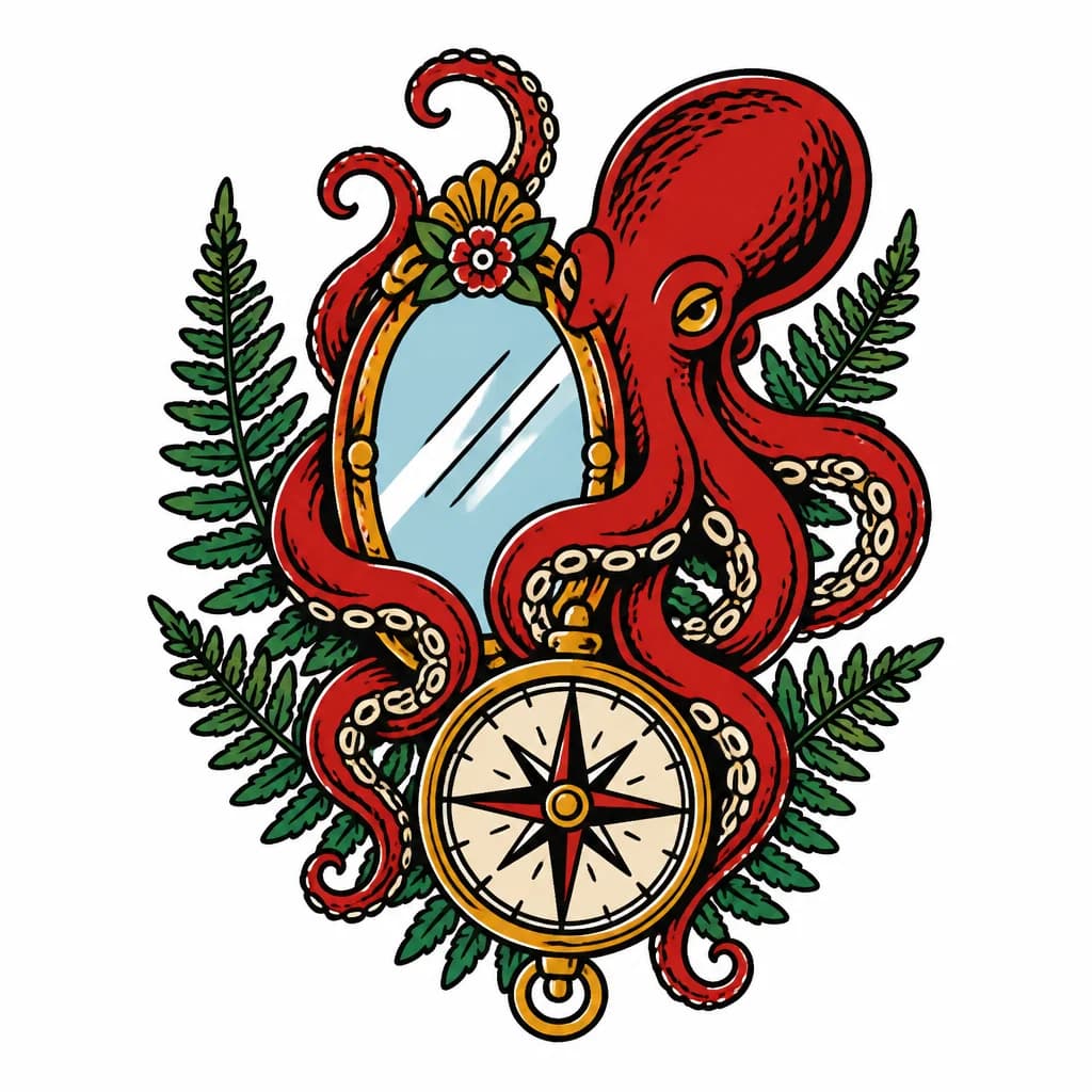 Тату эскиз: Осьминог, зеркало, папоротник, компас.