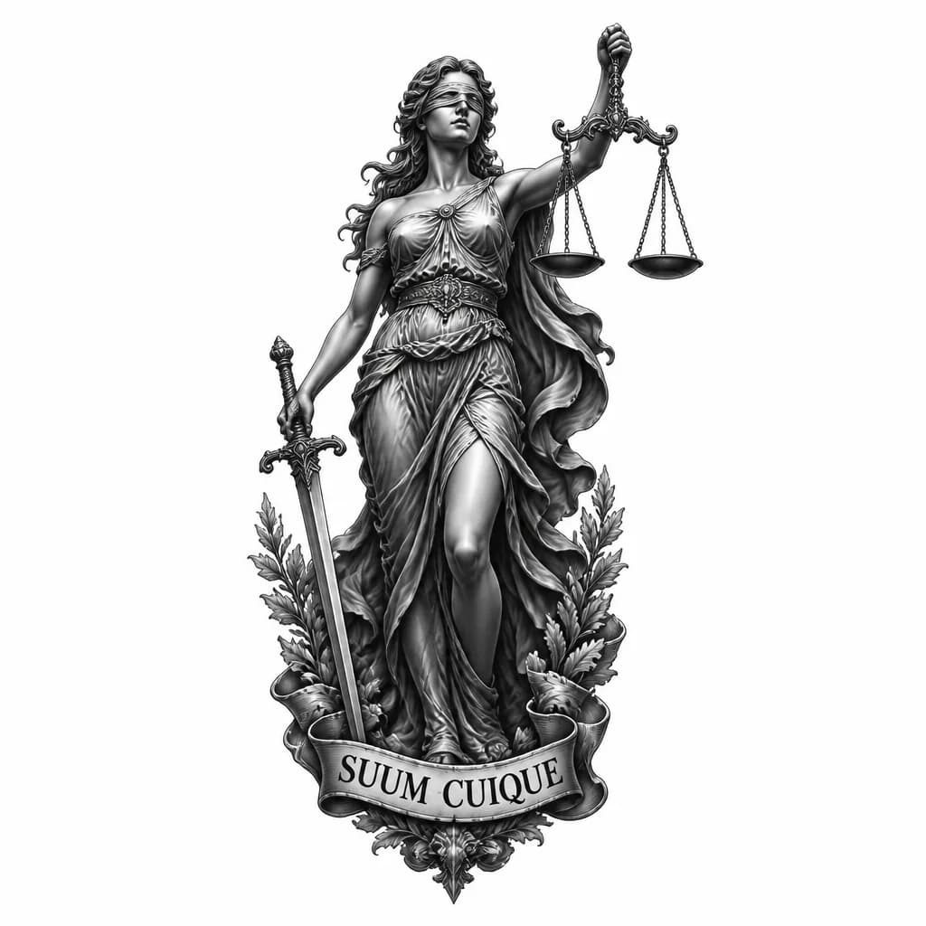 Тату эскиз: Богиня правосудия, с мечом в правой руке, с завязанными глазами, в левой руке весы