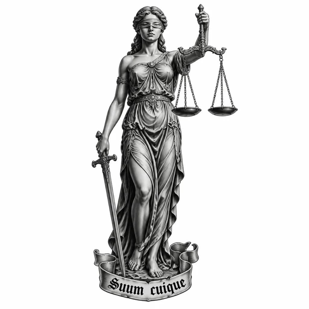 Тату эскиз: Богиня правосудия, с мечом в правой руке, с завязанными глазами, в левой руке весы, по бедра, взгляд прямо