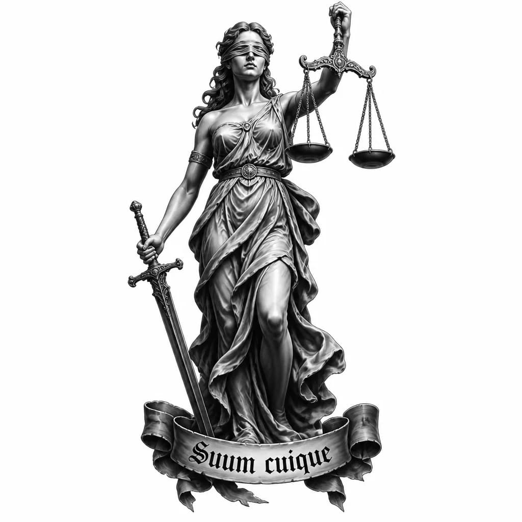 Тату эскиз: Богиня правосудия, по пояс, с мечом в правой руке, в левой руке весы