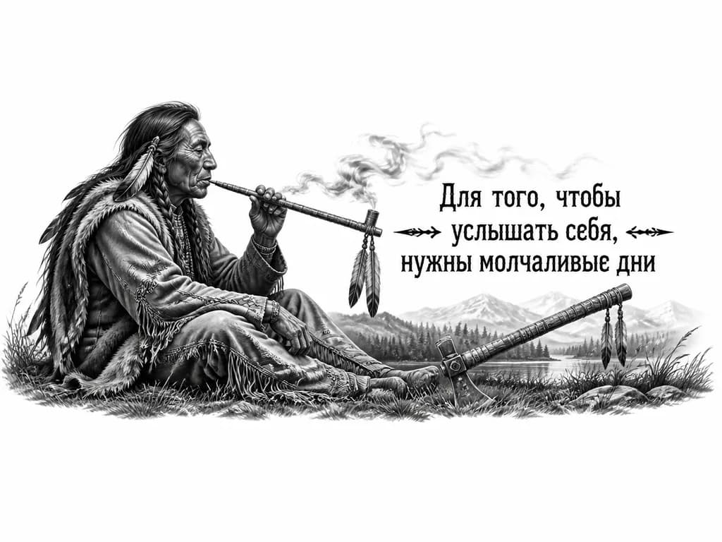 Тату эскиз: Индеец курит трубку мира в ногах зарыт топор войны