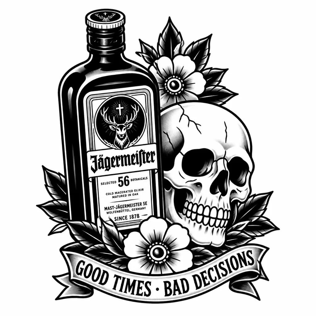 Тату эскиз: Бутылка с ликером jagermeister на левой стороне груди 