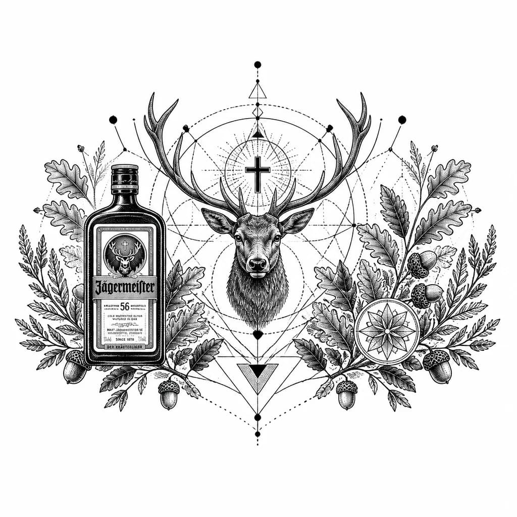 Тату эскиз: Бутылка с ликером jagermeister на левой стороне груди 