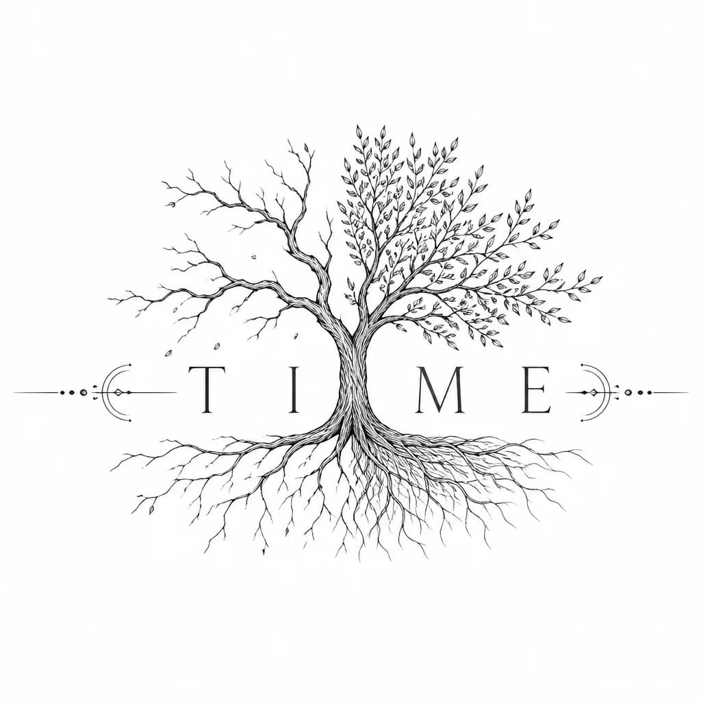 Тату эскиз: Надпись TIME и рядом дерево с одной стороны завяло а с другой свежее 