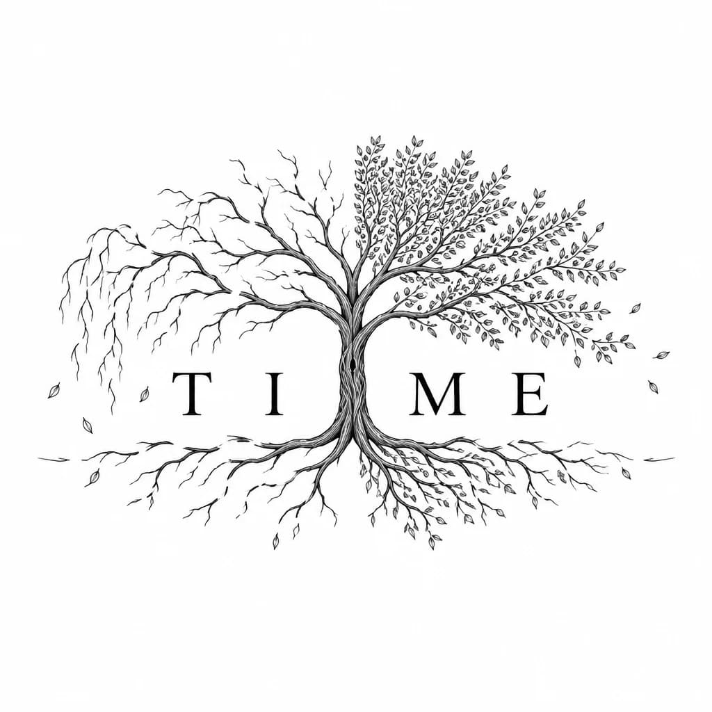 Тату эскиз: Надпись TIME и рядом дерево с одной стороны завяло а с другой свежее 