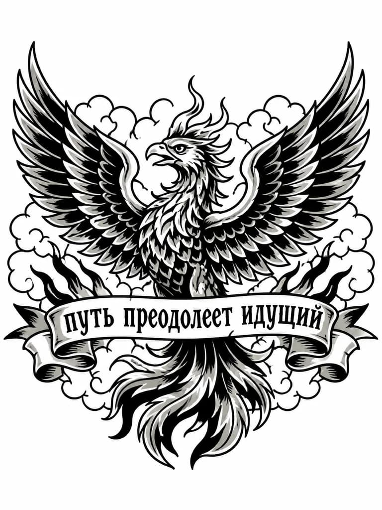 Тату эскиз: текст и птица феникс