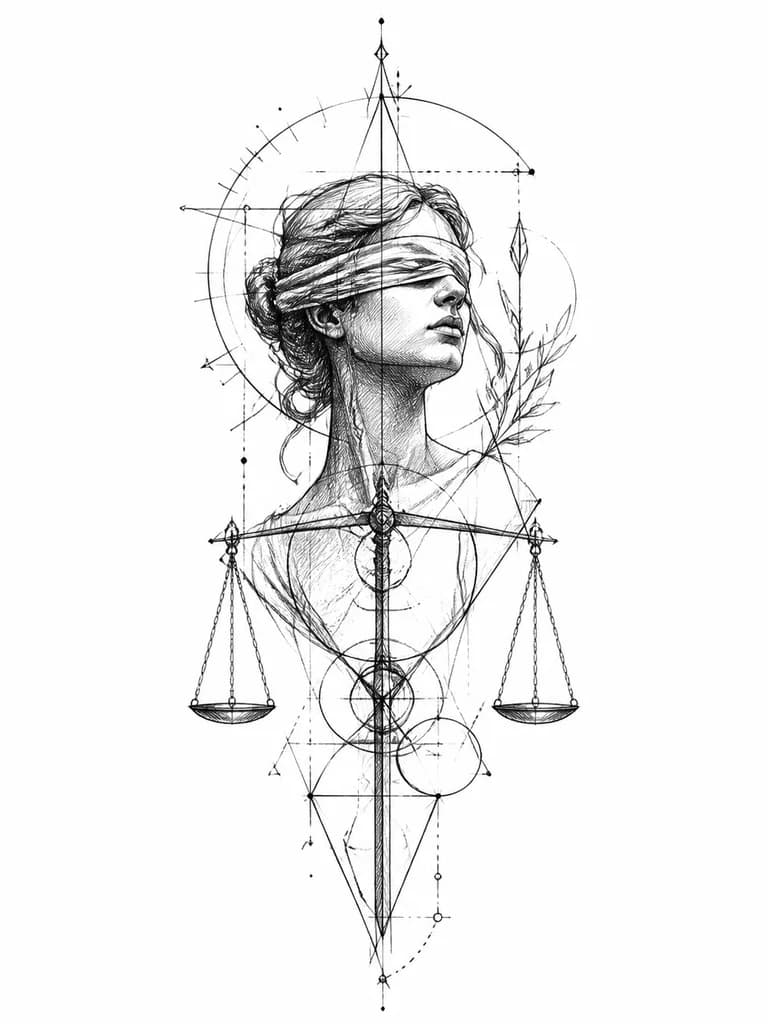 Тату эскиз: abstract Lady Justice tattoo sketch, blindfolded female figure, geometric shapes, scales integrated into composition, thin lines, dotwork, many details, high contrast, vertical design, for thigh, no background, no color