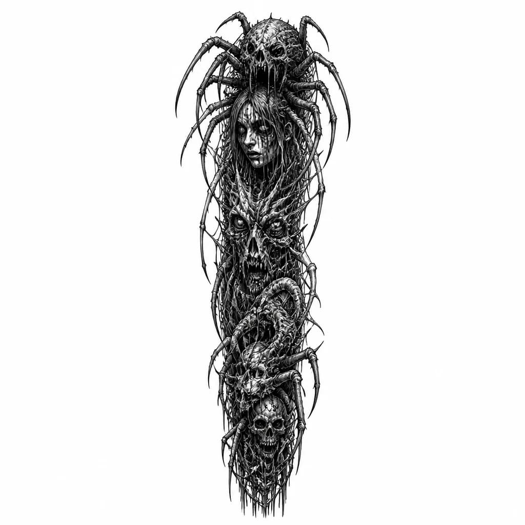 Тату эскиз: Тату сколопендра на руке, рукав, blackwork, много лапок, мрачная графика, монохром, белый фон.