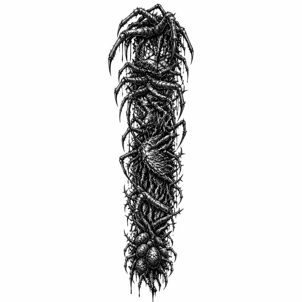 Тату эскиз: Тату сколопендра на руке, рукав, blackwork, много лапок, мрачная графика, монохром, белый фон. Без добавления каких либо лиц и так далее