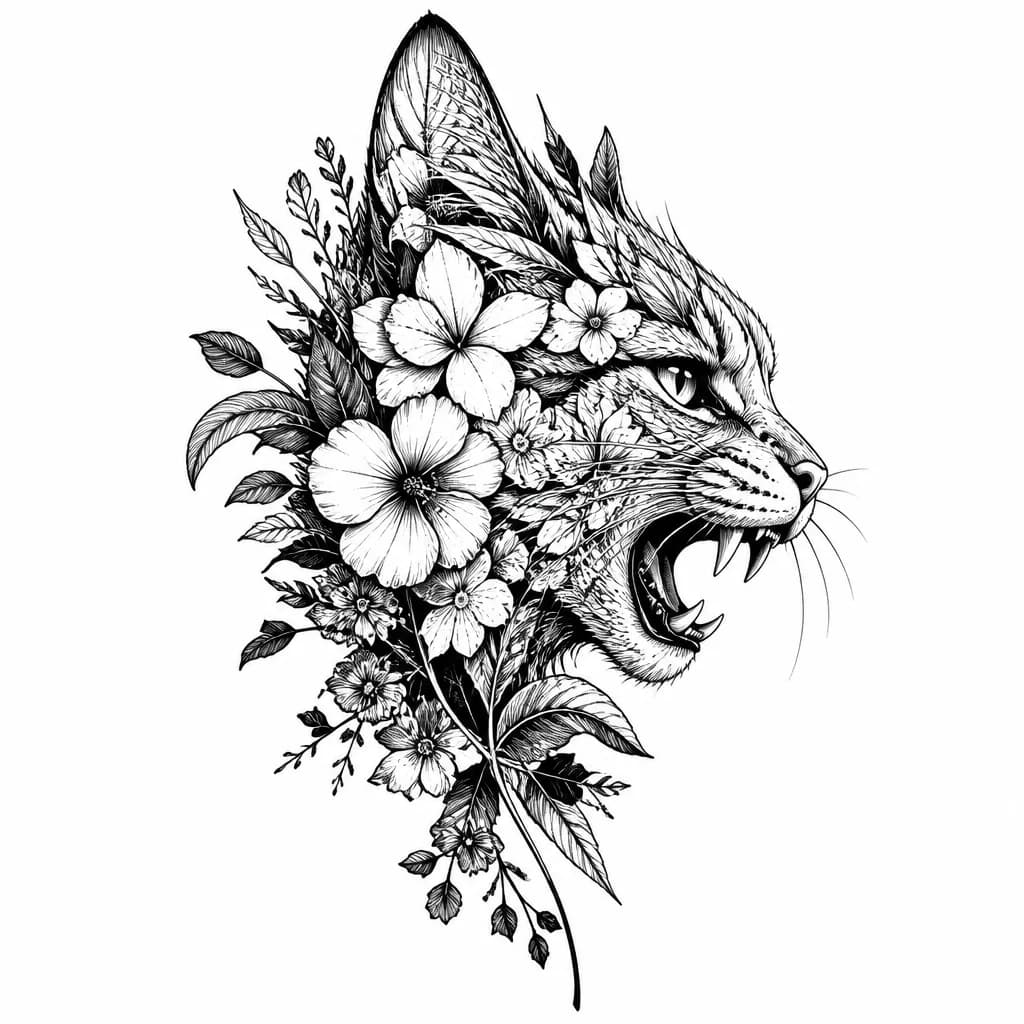 Тату эскиз: A monochrome black and white profile of a cat's head with a fierce, snarling expression, the cat's features are composed of detailed flowers, petals, leaves, and botanical elements integrated into the facial structure. Clean line art, high contrast, botanical meets feline, tattoo flash sheet illustration, white background, high contrast, clean lines