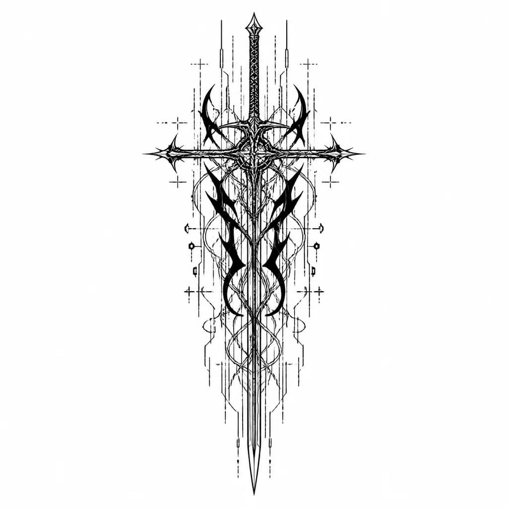 Тату эскиз: Cyber sigilism тату на бедро с нежными линиями, мечом, крестом