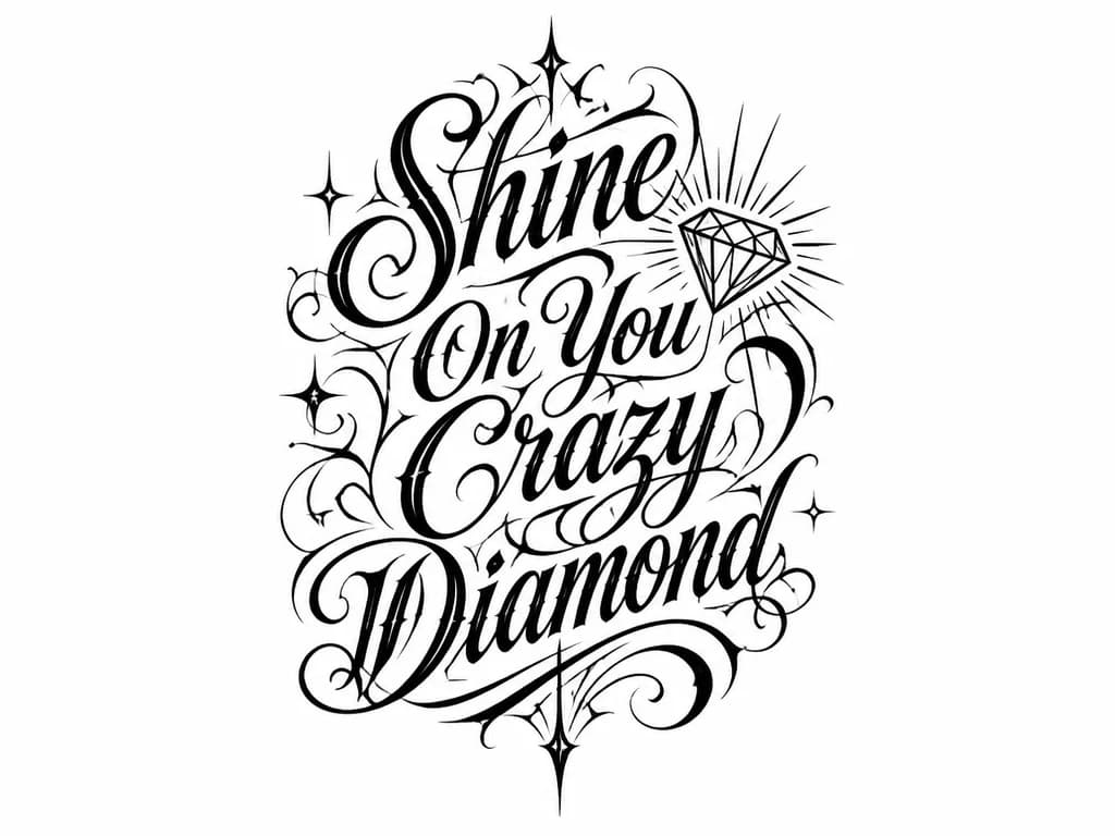 Тату эскиз: Создай эскиз тату надписи «Shine On You Crazy Diamond», эскиз вдоль плеча вертикально, подбери стиль написания и рисовки исходя из смысла надписи 