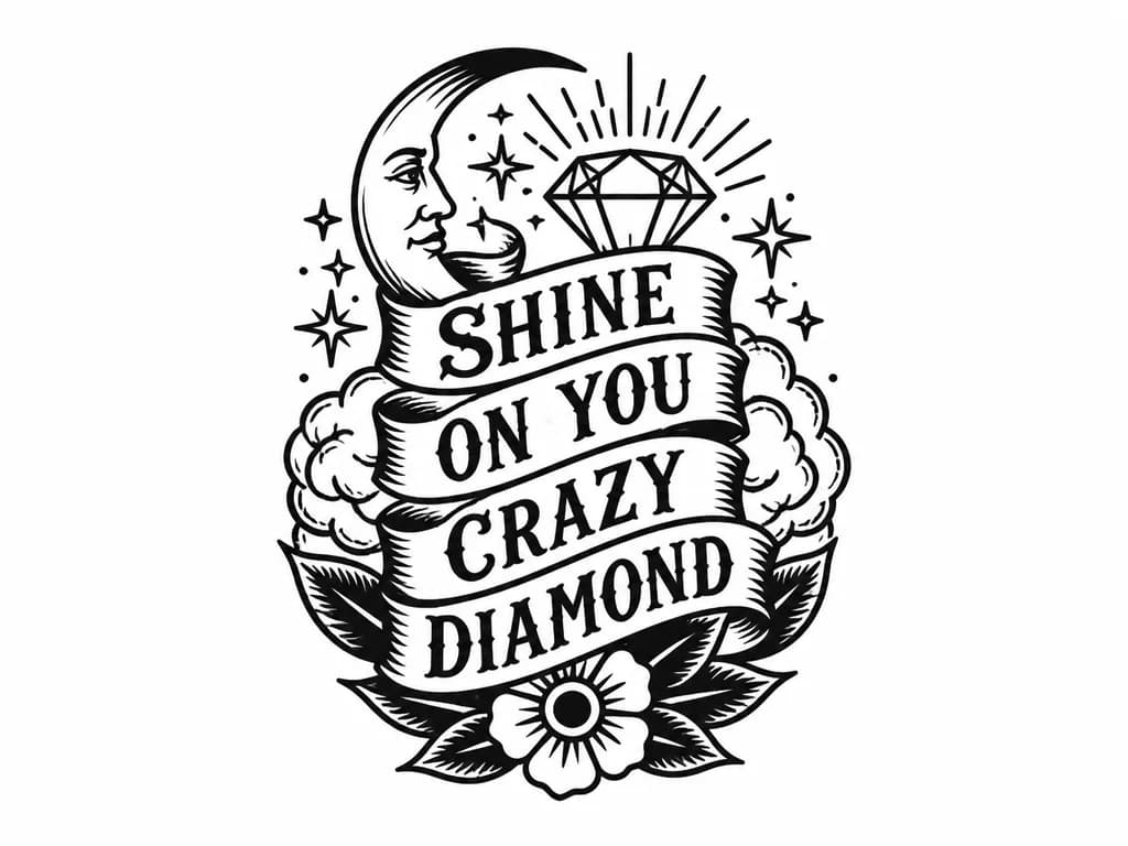 Тату эскиз: Создай эскиз тату надписи «Shine On You Crazy Diamond», эскиз вдоль плеча вертикально, подбери стиль написания и рисовки исходя из смысла надписи 