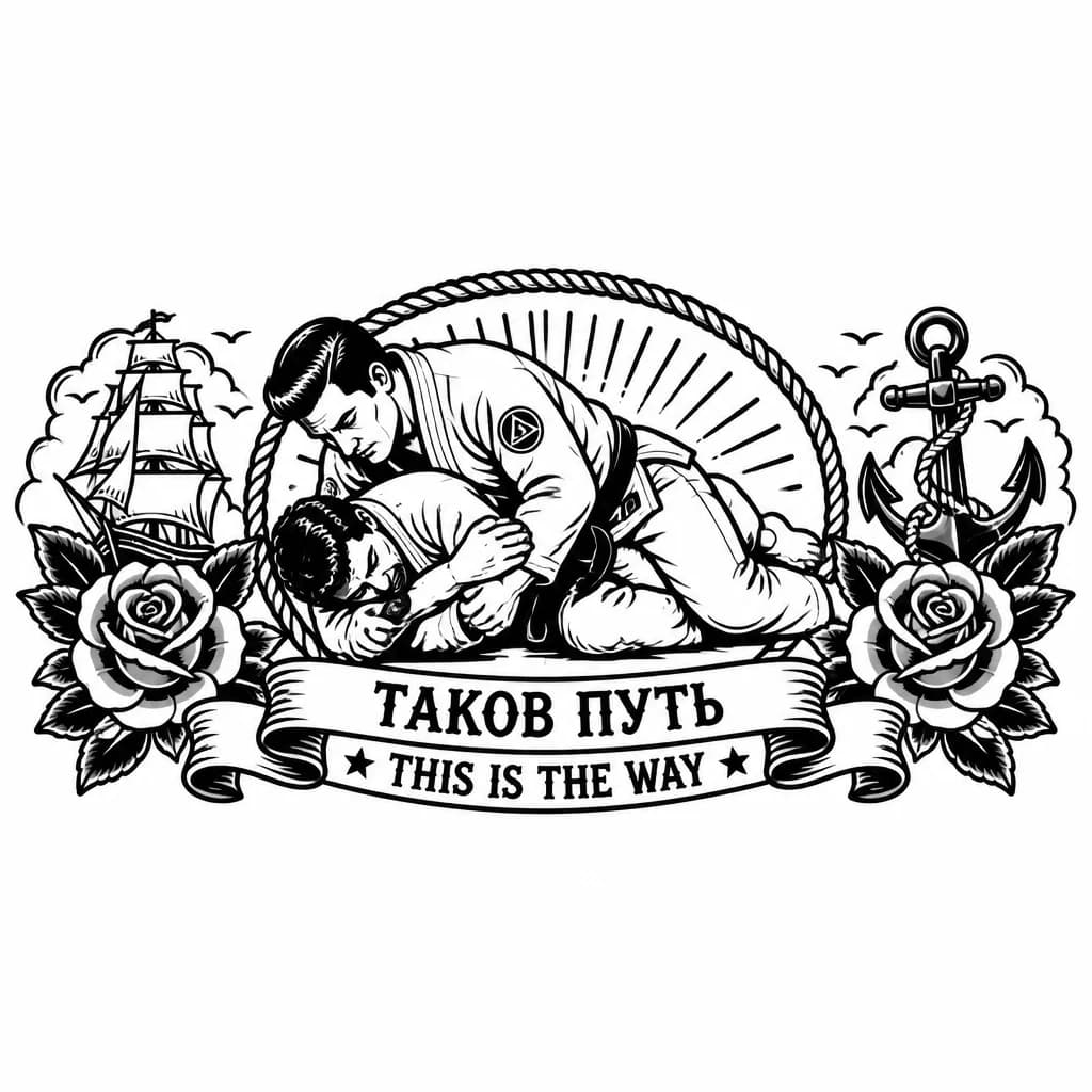 Тату эскиз: Черный пояс по бразильскому Джиу джитсу и надпись на английском языке таков путь 