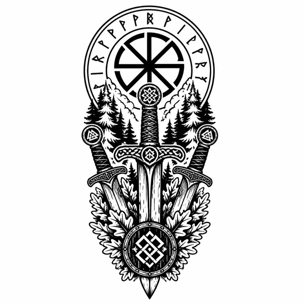 Тату эскиз: Тату в славянском стиле на предплечье с рунами, лесом и мечами