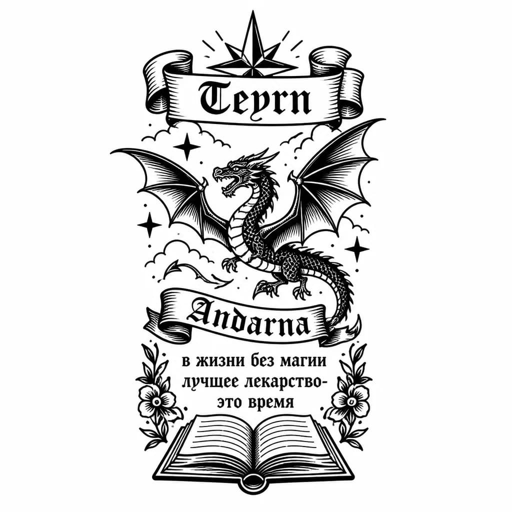 Тату эскиз: Тейрн, под ним Андарна в полете и надпись "в жизни без магии лучшее лекарство- это время". А внизу раскрытая книга. Тату на руку