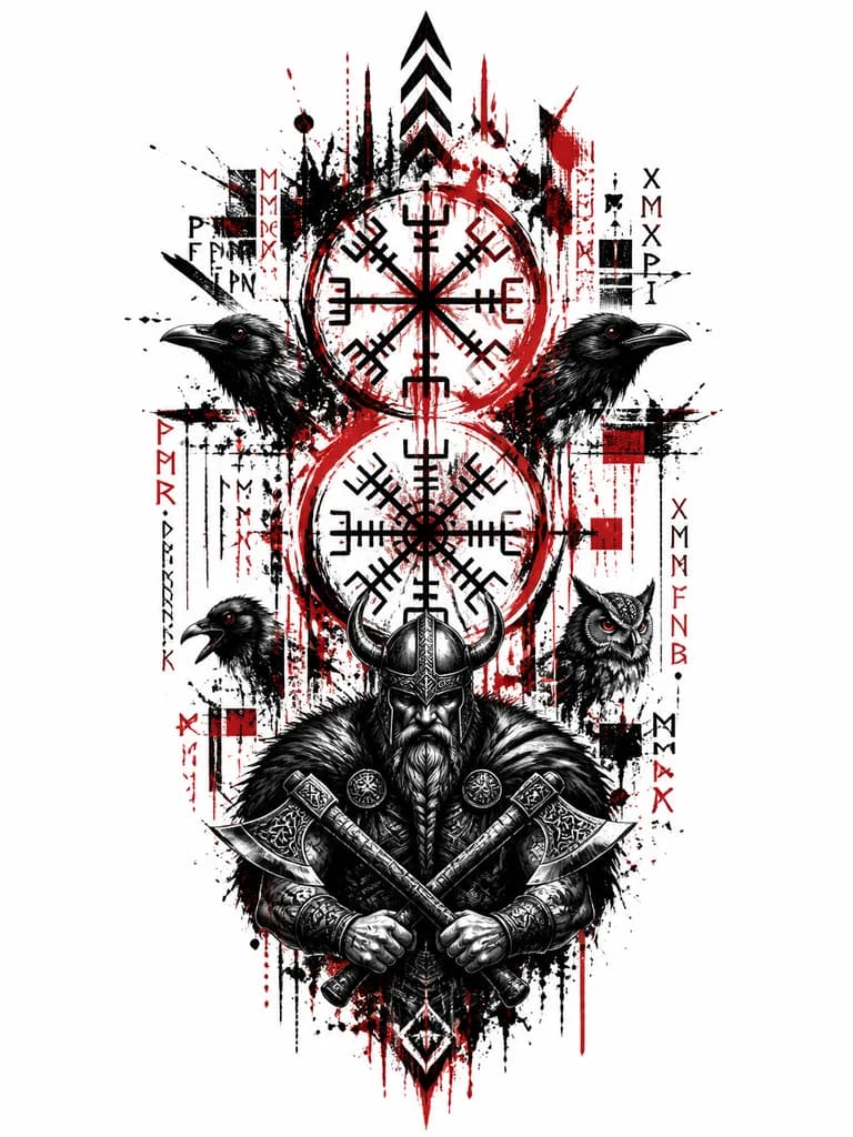 Тату эскиз: В последнем изображении нужно верхний знак сделать Vegvisir а нижний знак Aegishjalmr (The Helm of Awe), эти знаки тоже должны быть в стиле скетч стиль краски, также изображение должно быть немного вытянутее сверху вниз и сильнее сужаться к низу, вороны и сова должны быть меньше желательно одни головы, викинг с бородой и мышцами в накидке и шлеме с рогами держит топоры скрещёнными перед собой внизу, над верхним знаком тоже узоры с заострением кверху в виде стрлеки